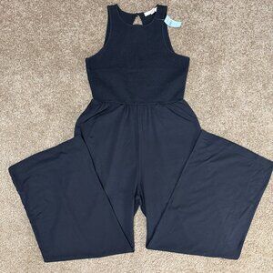 Loft Beach Smocked Knit Jumpsuit Womens Petite Large Black Sleeveless Wide Leg